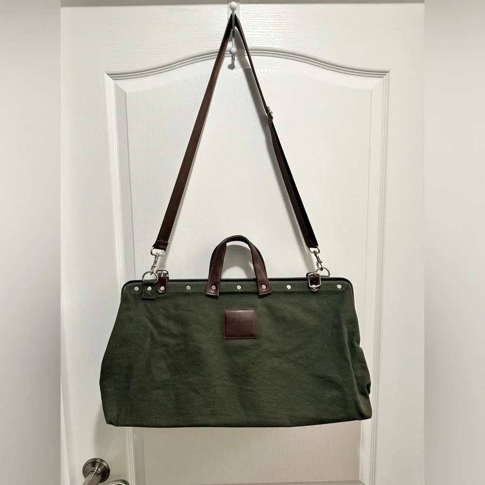 Canvas Weekender Bag LINE OF TRADE Olive Green Canvas Leather Trim - NWOT
